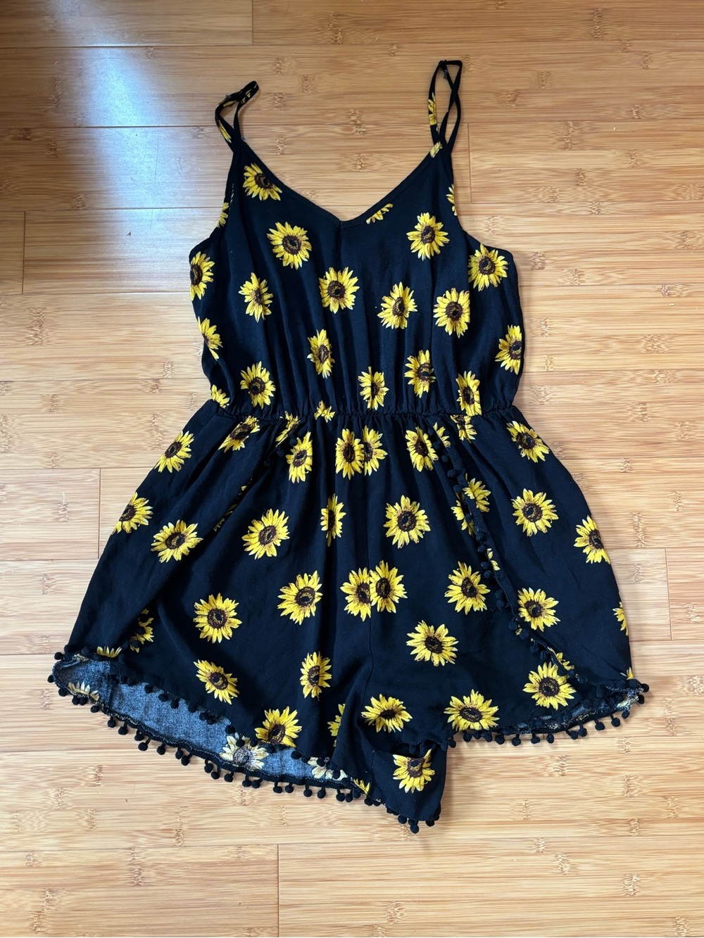 Black and Yellow Sunflower Shorts Romper with a Zipper Back size L
